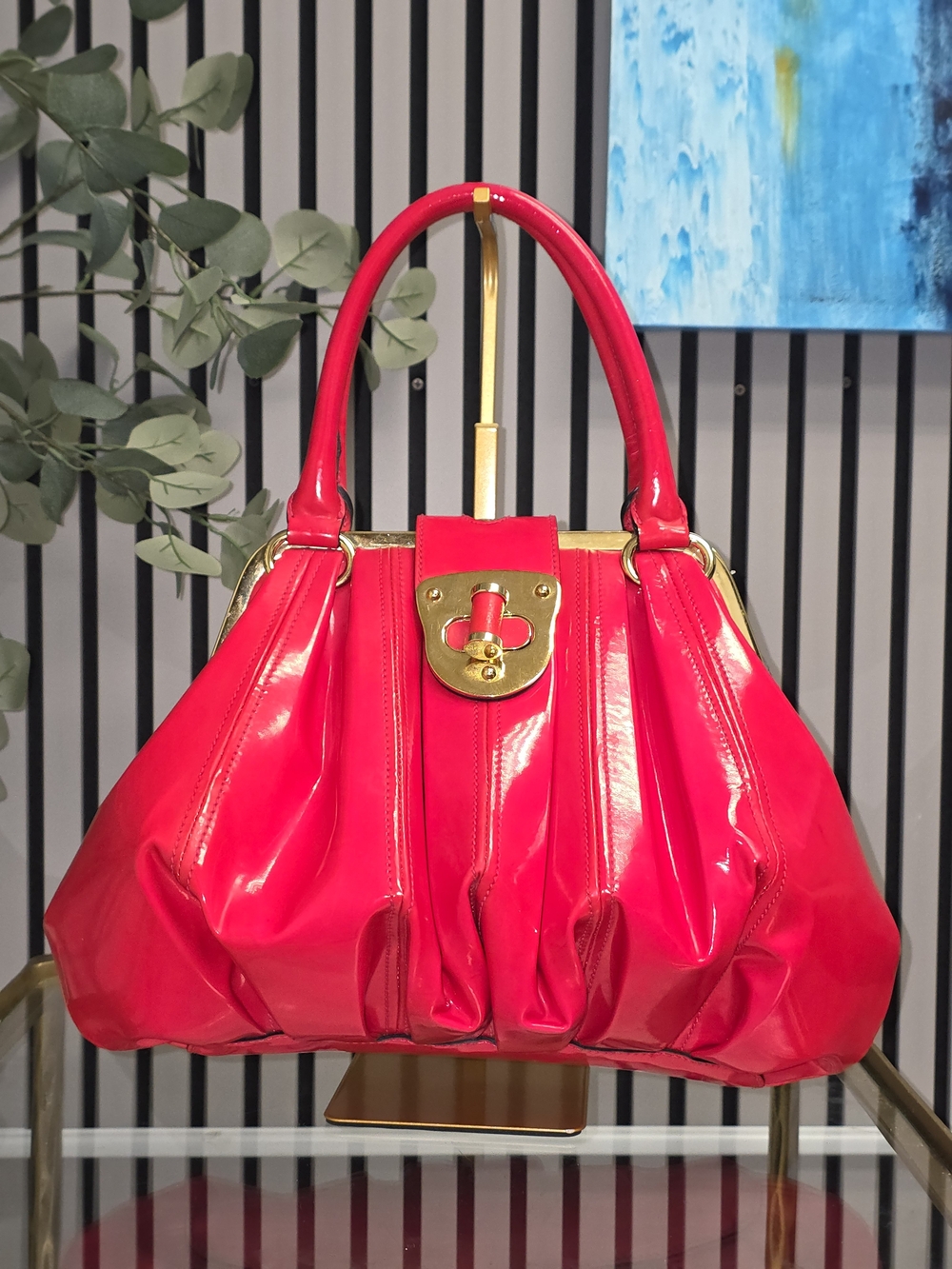Alexander McQueen Red Elvie Frame Patent Top-Handle Satchel Bag RARE